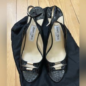 Jimmy Choo Black Crocodile Leather Heel with gold accents